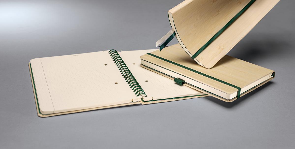 book with bamboo cover, spiral binding, dotted